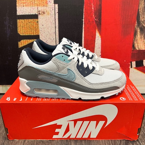 Nike Shoes - 2022 Nike Air Max 90 Pure Platinum / Obsidian Navy / Wolf Grey / Warm Blue AM90